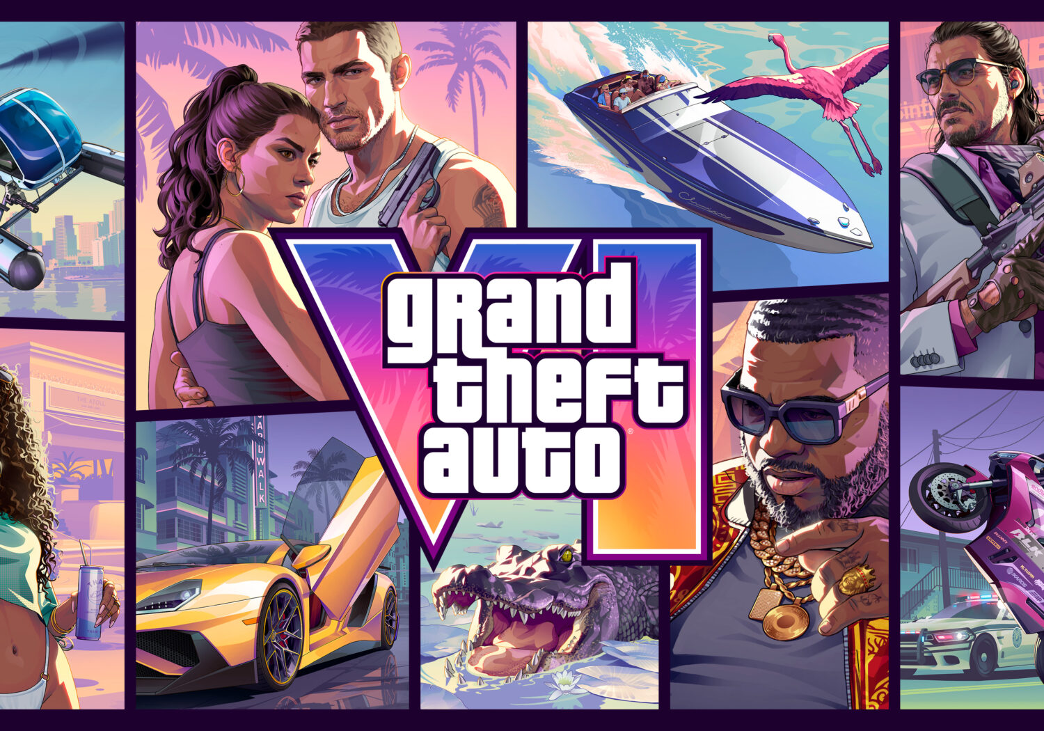 Arte oficial de GTA VI com os protagonistas e cenas ilustradas de Vice City
