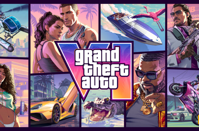 Arte oficial de GTA VI com os protagonistas e cenas ilustradas de Vice City